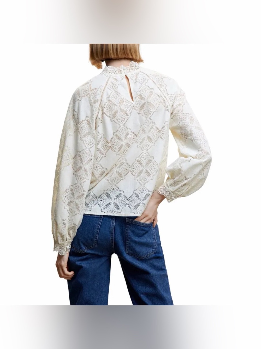 MANGO Floral Crochet Lace Balloon Sleeve Keyhole Back Cream Blouse - Picture 7 of 7
